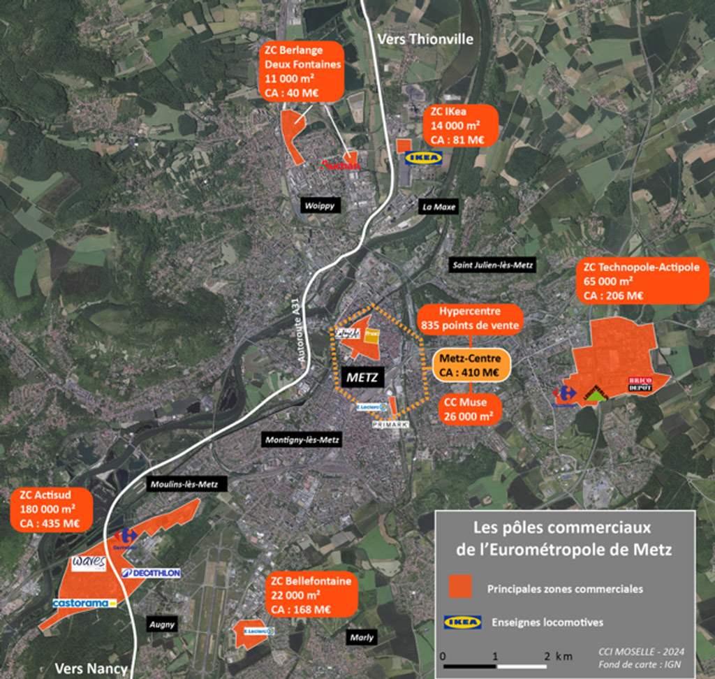 Carte des pôles commerciaux de l'Euro-Métropole de Metz 2024